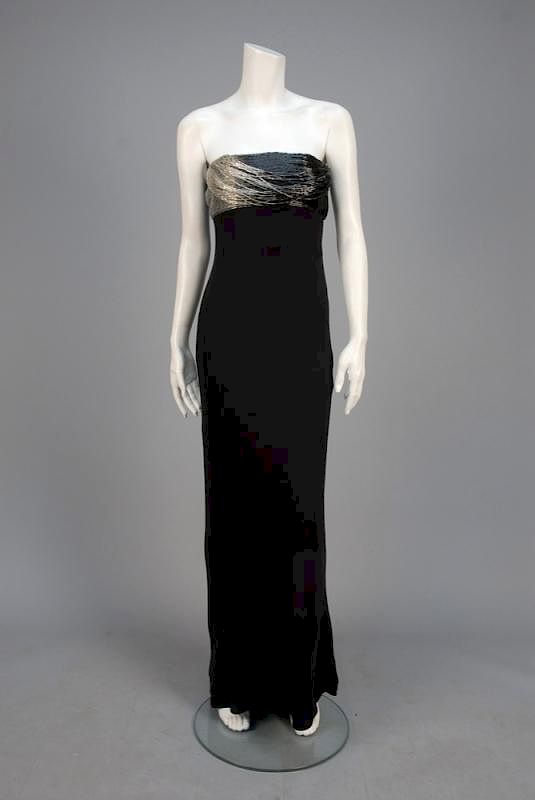 Appraisal: VERSACE SILK GOWN with BEADED BANDEAU Black crepe narrow A-line