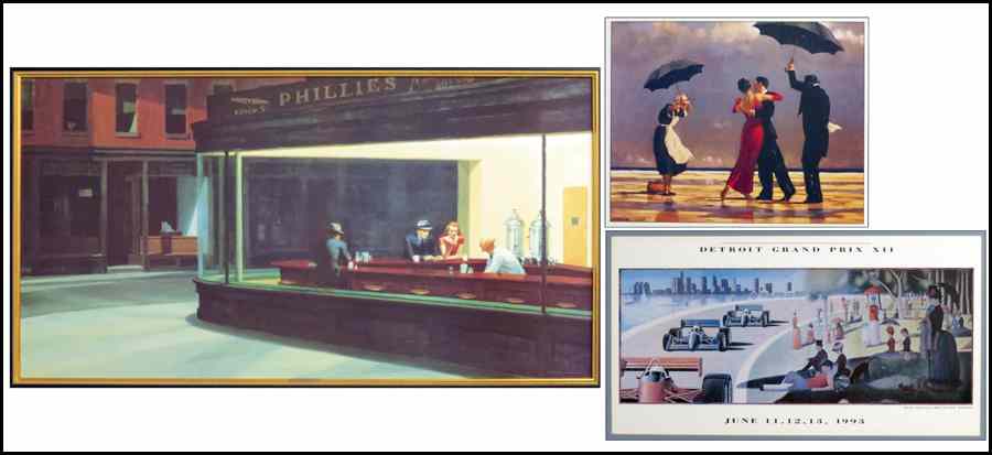 Appraisal: GROUP OF THREE ASSORTED FRAMED DECORATIVE PRINTS Nighthawks giclee on