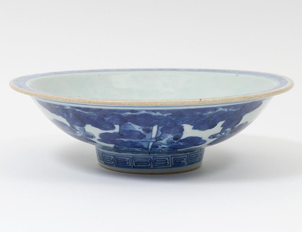 Appraisal: BLUE AND WHITE PORCELAIN BAT BOWL Chinese Qing Dynasty With