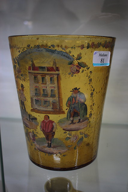 Appraisal: AN OLD AMBER GLASS VASE hand painted with a picture