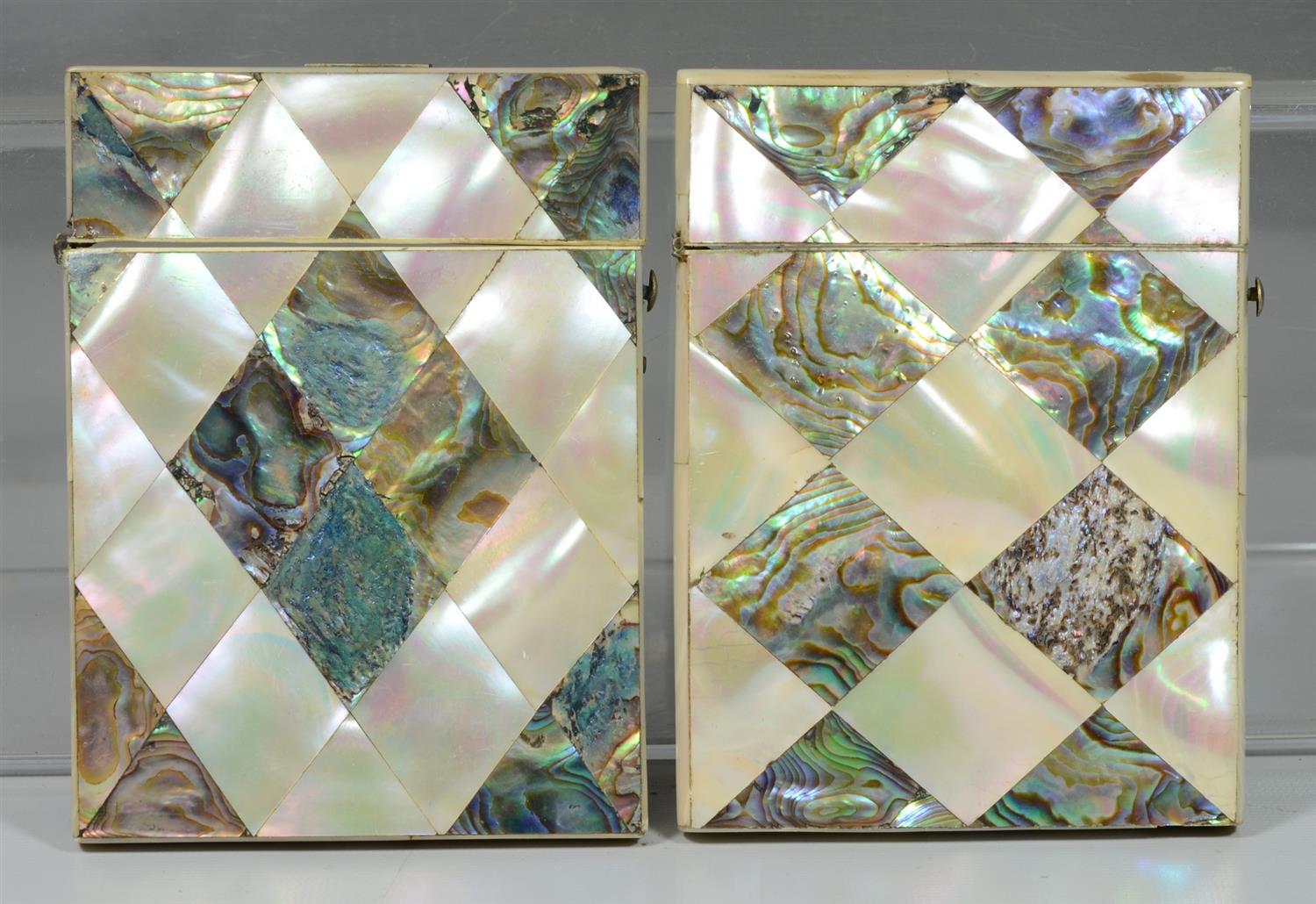 Appraisal: Multi-colored mother of pearl abalone card cases hinge on one