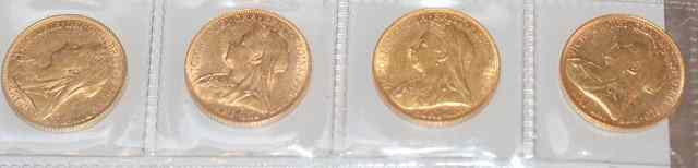 Appraisal: FOUR QUEEN VICTORIA GOLD SOVEREIGNS Old Veil head St George