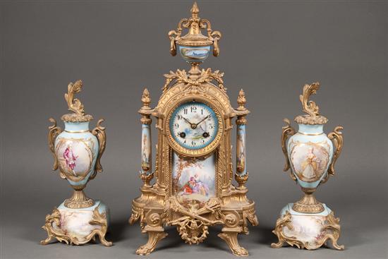 Appraisal: French gilt metal blue celeste ground three-piece clock garniture in