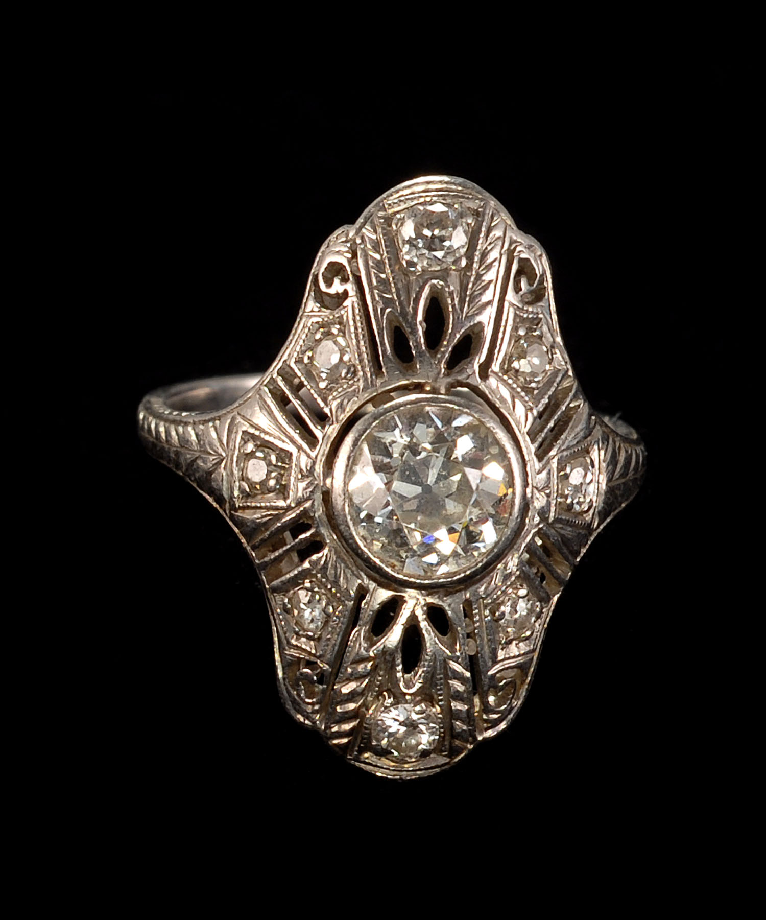 Appraisal: PLATINUM AND DIAMOND RING In an Art Nouveau setting Approx