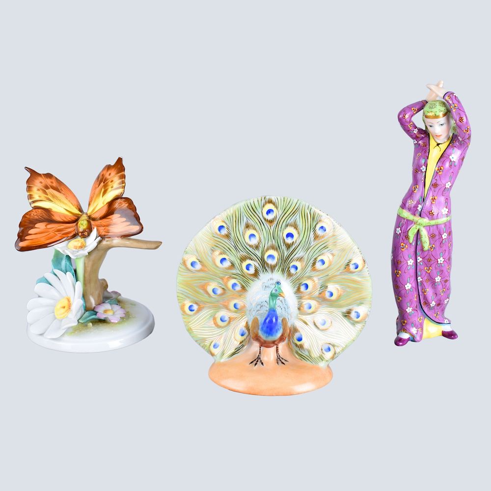 Appraisal: Herend Figurine Three Herend Porcelain Figurines Includes Dancing Persian Peacock