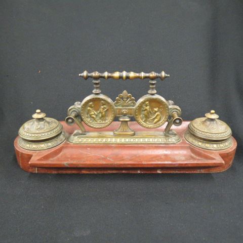 Appraisal: Bronze and Marble Inkstand double well pen trays center handle