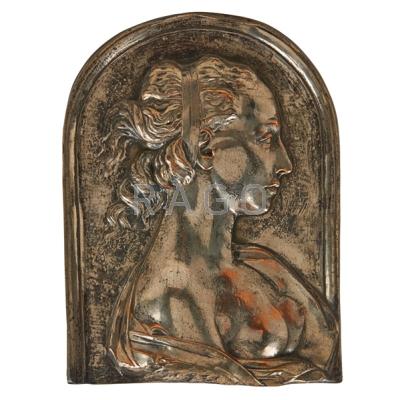 Appraisal: SILVER OVER COPPER DECORATIVE PLAQUE Depicting a young woman in