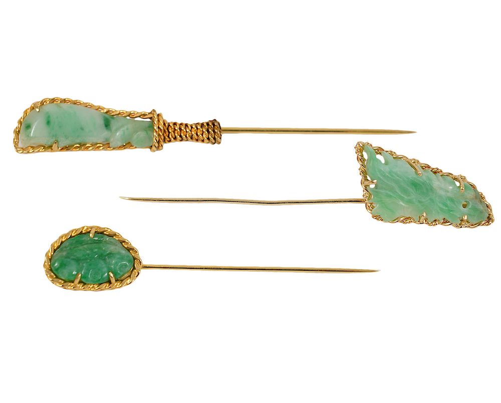 Appraisal: Jade and K Yellow Gold Stick Pins Three jade and