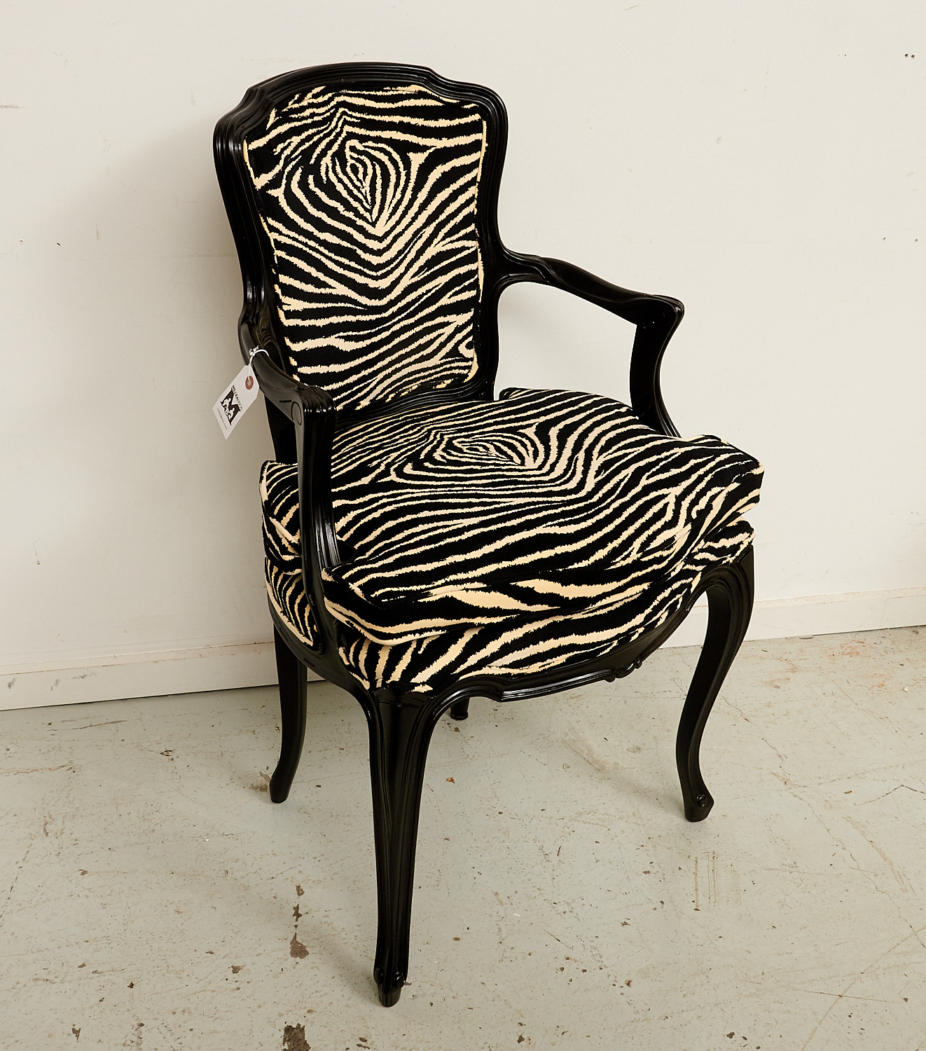 Appraisal: LOUIS XV STYLE BLACK LACQUER ZEBRA PRINT FAUTEUIL th c