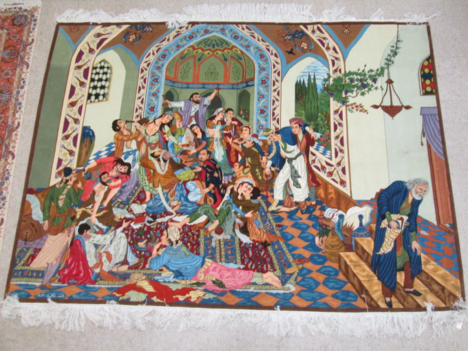 Appraisal: HAND KNOTTED PERSIAN TABLEAU PICTORIAL CARPET colorful palace interior orgy