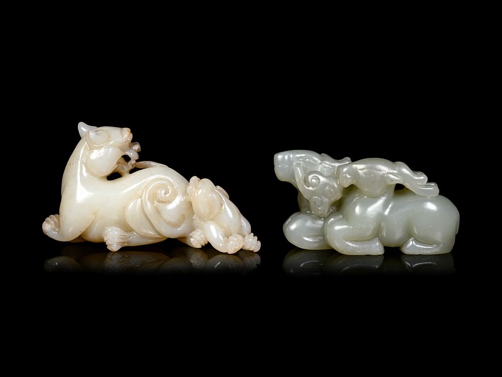 Appraisal: Two Chinese Celadon Jade Carvings of Mythical Beasts Two Chinese