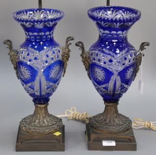 Appraisal: Pair of cobalt cut to clear vases mounted with bronze