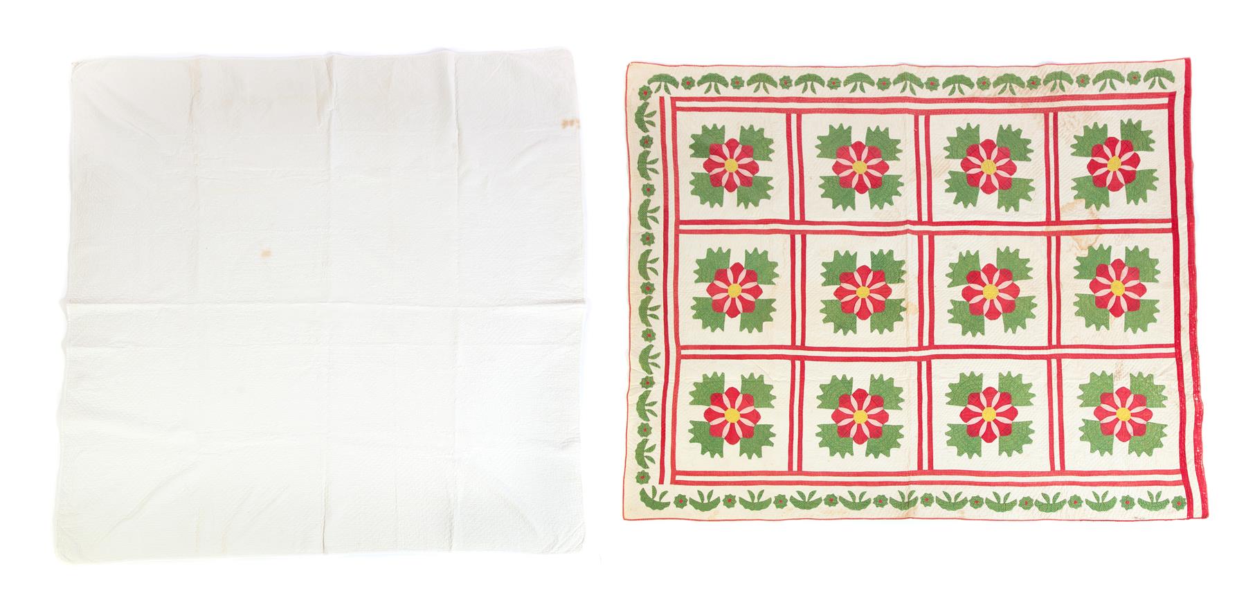 Appraisal: TWO AMERICAN QUILTS Mid th century cotton Red and green