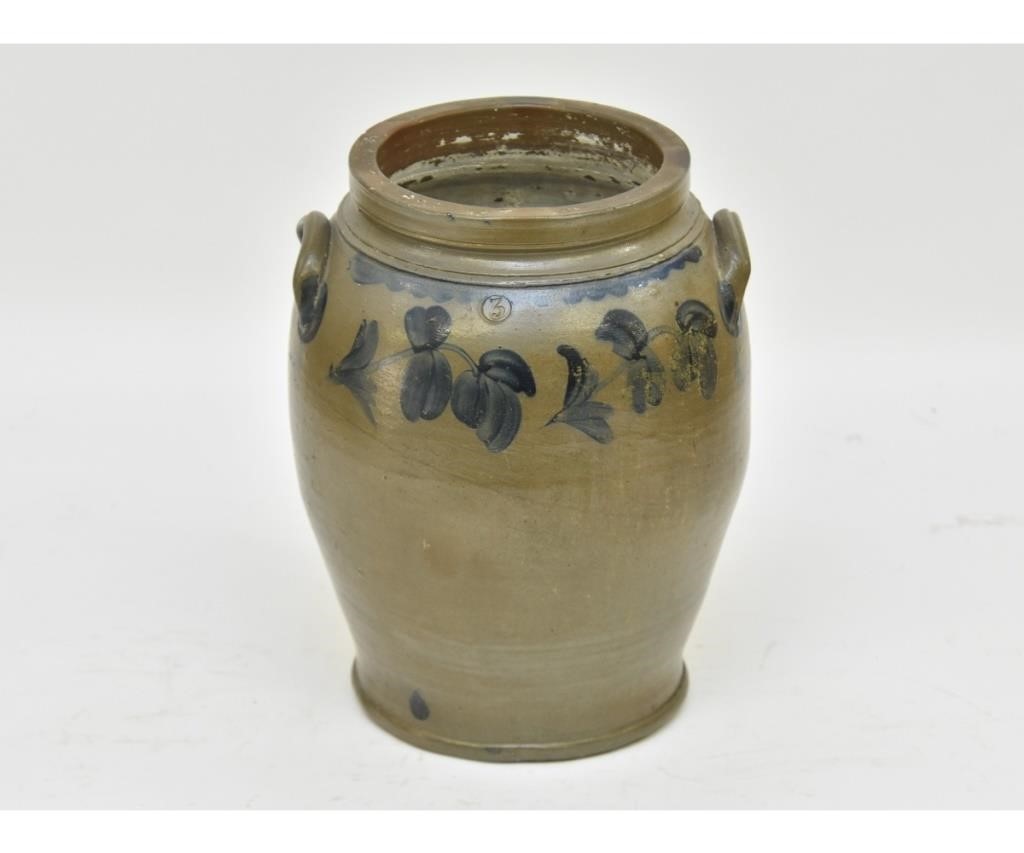 Appraisal: Three gallon blue decorated stoneware crock h x dia rim