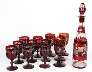 Appraisal: lot of Cranberry flash glass decanter set consisting of wine