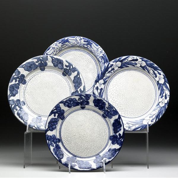 Appraisal: DEDHAM Four crackleware plates two in the Grape pattern painted