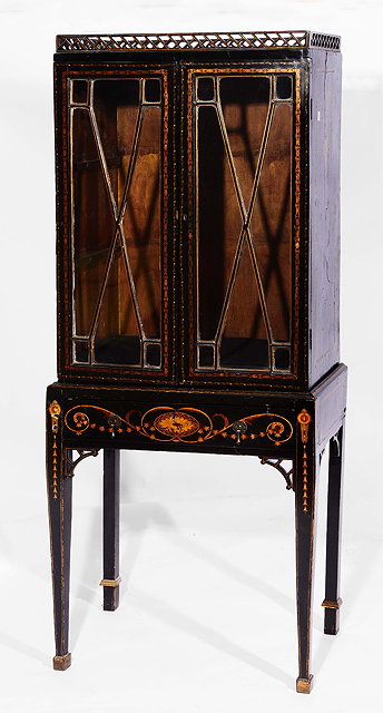 Appraisal: A TH CENTURY BLACK PAINTED AND GILDED DISPLAY CABINET with