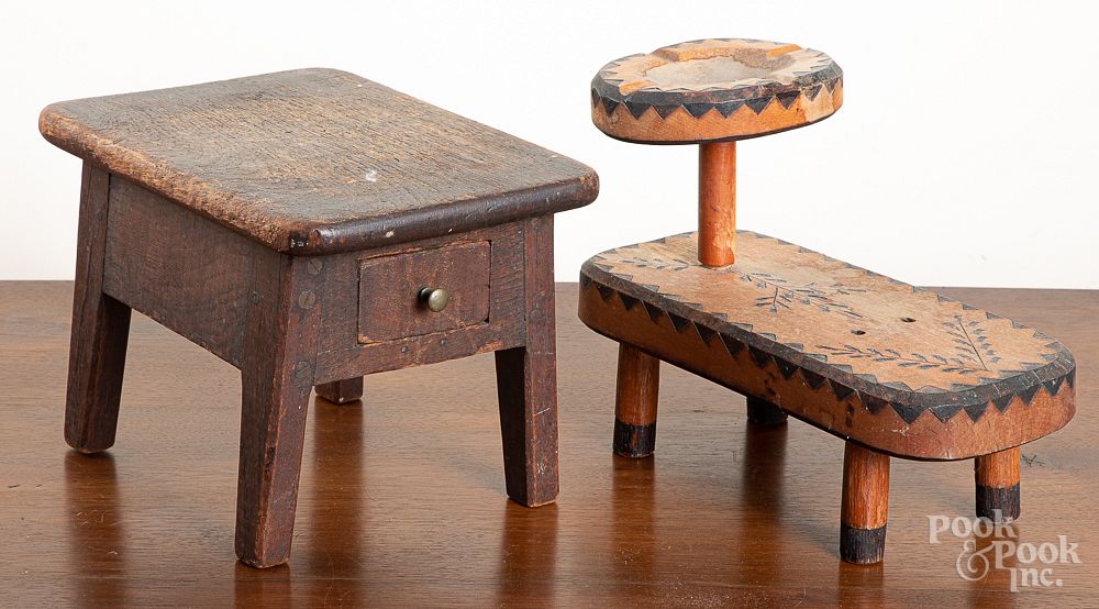 Appraisal: Walnut foot stool with drawer etc Walnut foot stool with