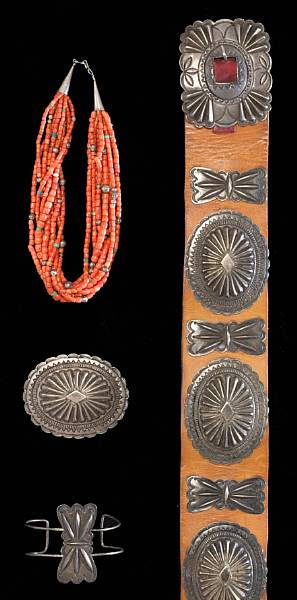 Appraisal: A Navajo jewelry group Comprising a silver concha belt with