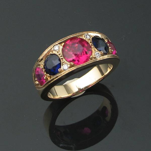 Appraisal: A synthetic ruby synthetic sapphire diamond and fourteen karat gold