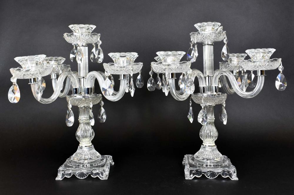 Appraisal: PAIR OF MOLDED GLASS FIVE-LIGHT CANDELABRAProbably American The columnar shaft