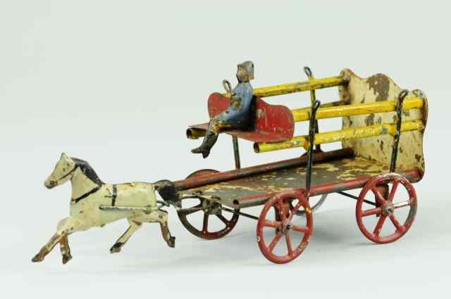 Appraisal: TIN HORSE DRAWN CART WITH RIDER Early American tin painted