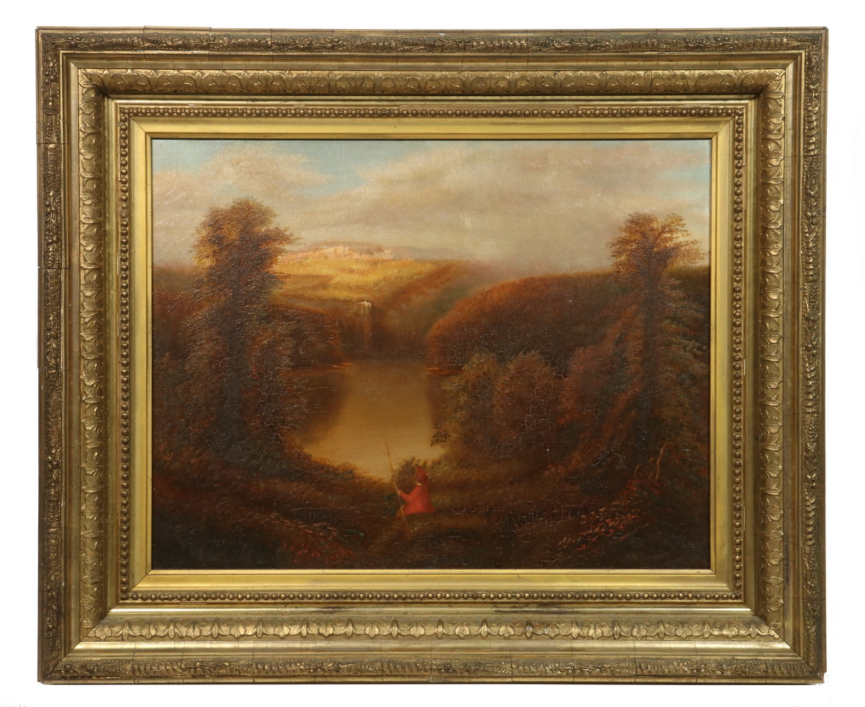 Appraisal: HUDSON RIVER SCHOOL PAINTING Autumn Landscape with River figure wearing