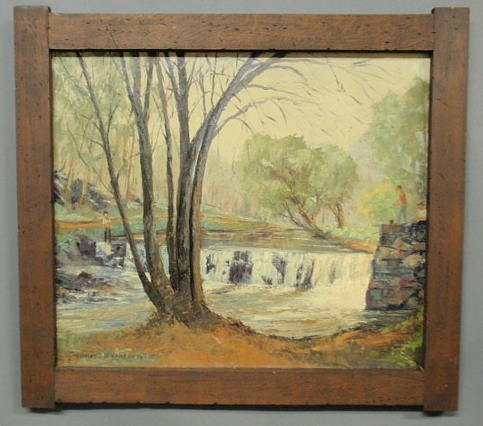 Appraisal: Impressionist oil landscape painting with boys fishing at a mill