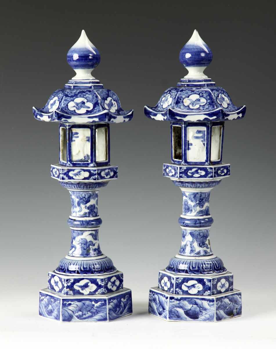 Appraisal: Pair of Japanese Blue White Arita Porcelain Pagoda Lanterns th