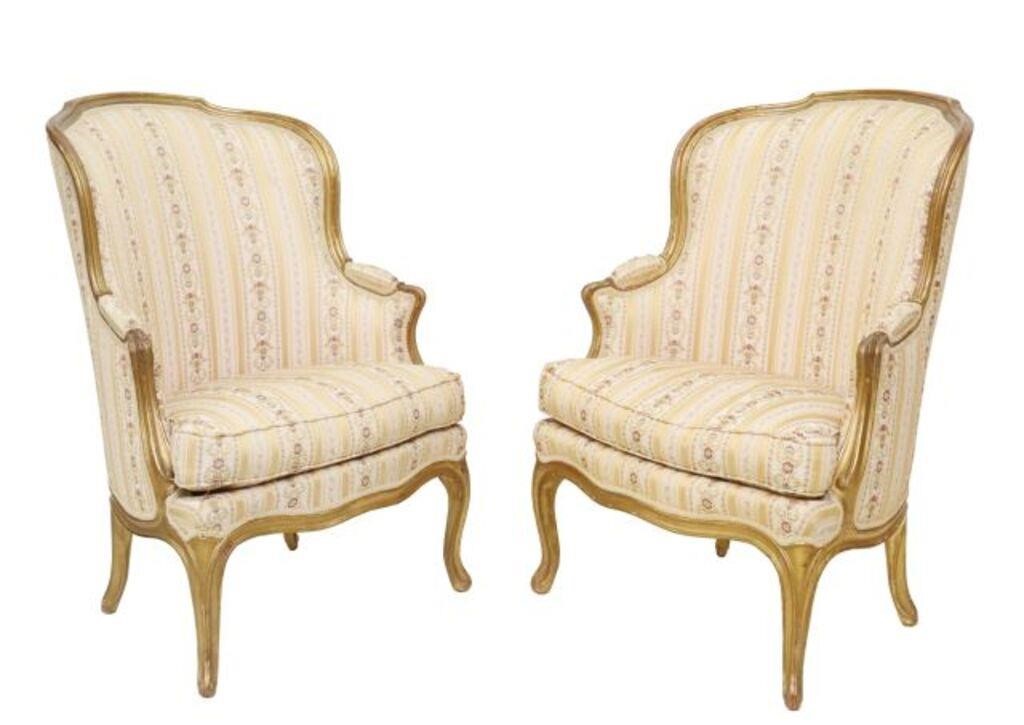 Appraisal: pair Louis XV style giltwood armchairs early th c lisere