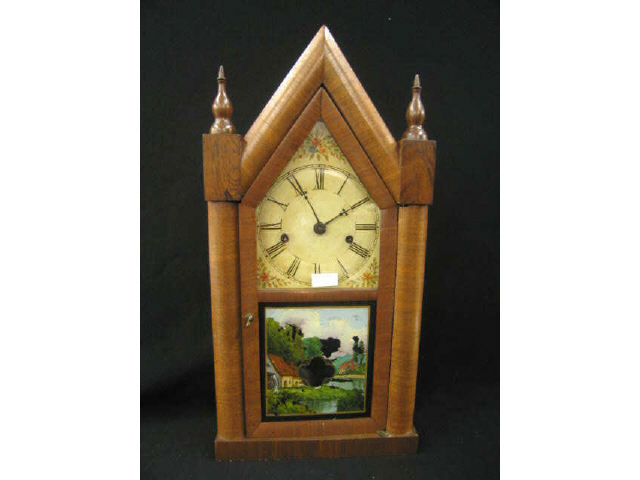 Appraisal: Victorian Steeple Clock reverse painted landscape with looking glass window