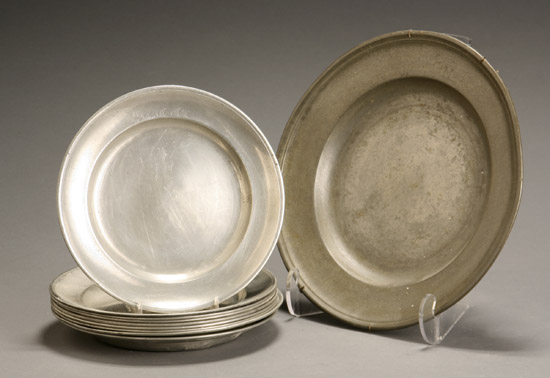 Appraisal: Group of Nine German Pewter Rimmed Plates and a Charger