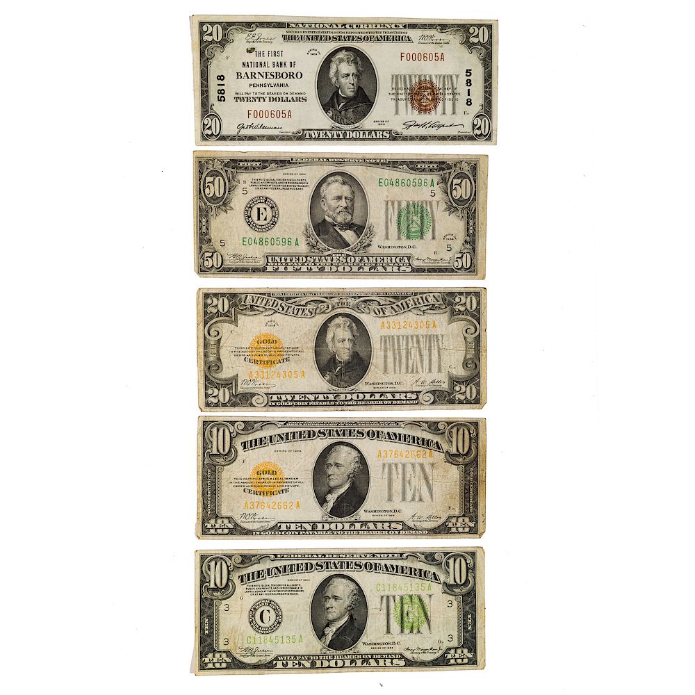 Appraisal: Nice Currency Collection Gold Certificate Fr VG F Federal Reserve