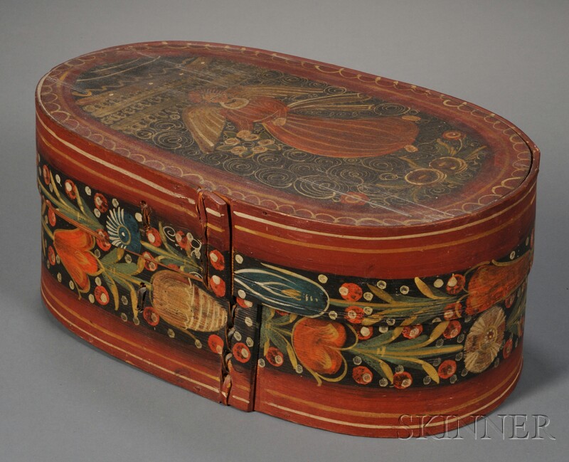 Appraisal: Polychrome Angel- and Floral-decorated Wood Bride's Box northern Europe late