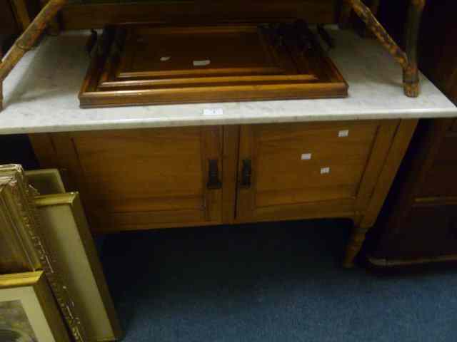 Appraisal: AN EDWARDIAN STRIPPED SATIN WALNUT MARBLE TOP WASH STAND matched