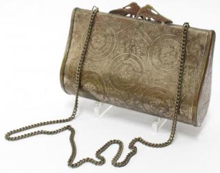 Appraisal: Vintage Incised Metal Handbag A hard-sided purse with a red