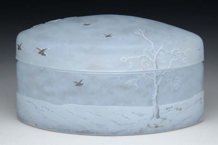 Appraisal: DAUM NANCY BLACKBIRD BOX Deciduous snow covered trees and landscape