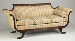 Appraisal: Empire style sofa in striped fabric l Empire style sofa