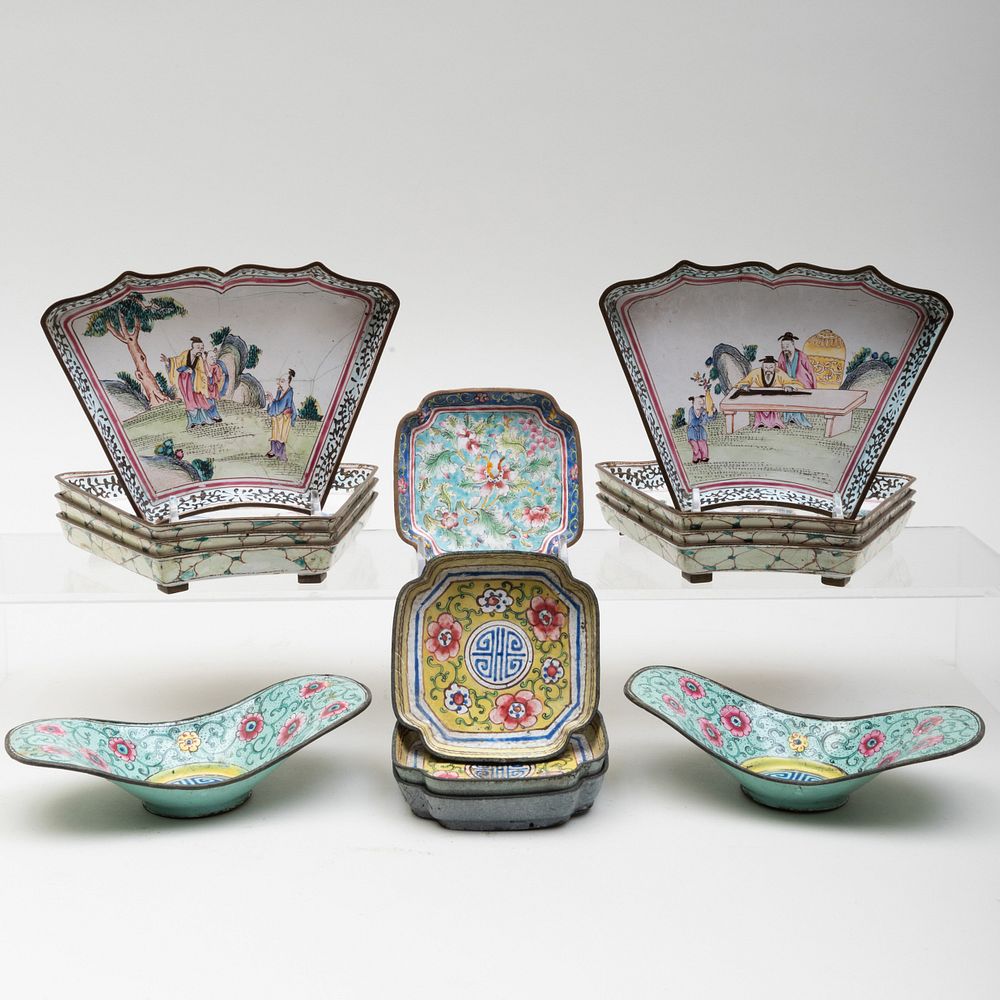 Appraisal: Group of Chinese Canton Enamel Dishes Comprising Set of eight