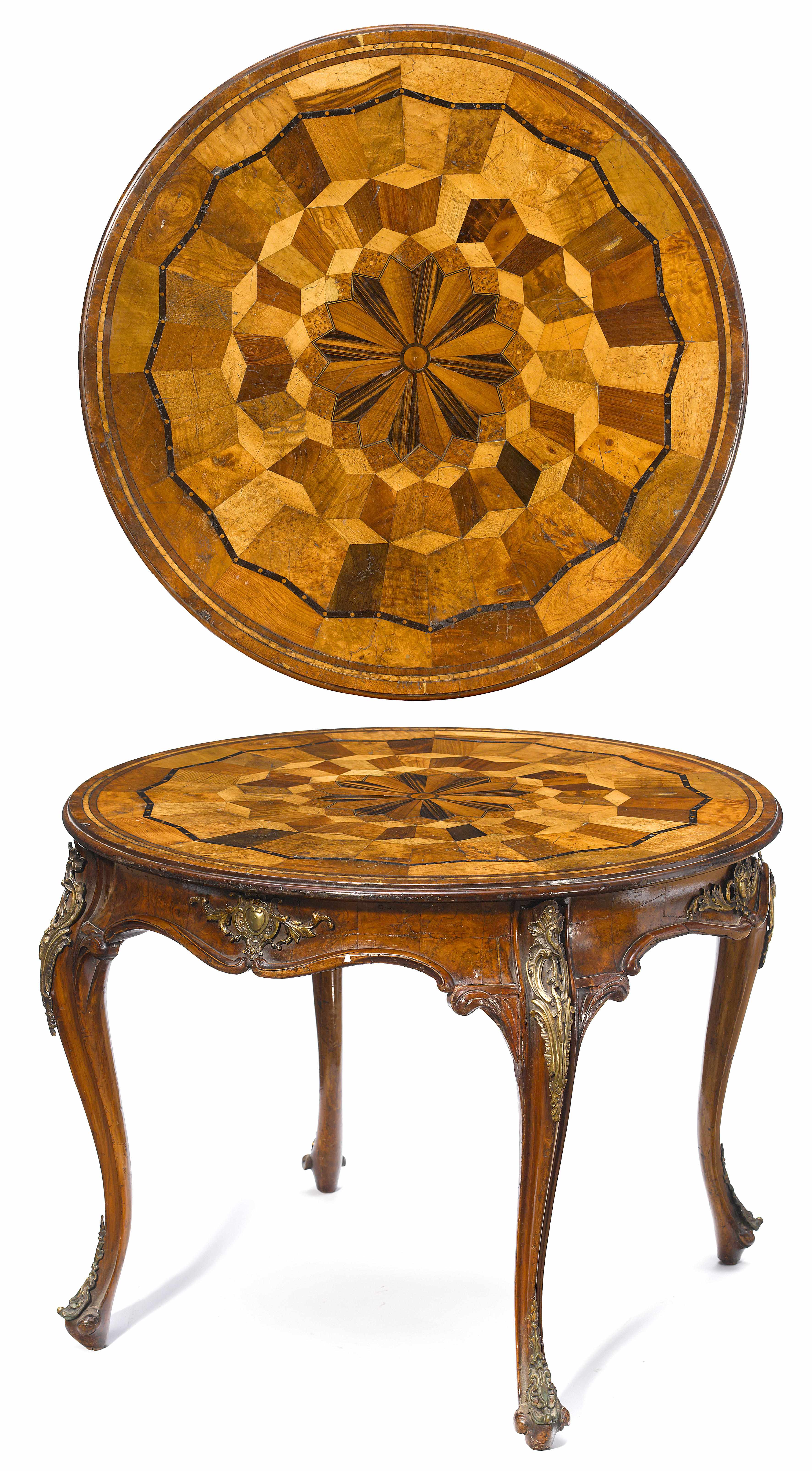 Appraisal: A Continental Rococo style gilt bronze mounted parquetry inlaid figured