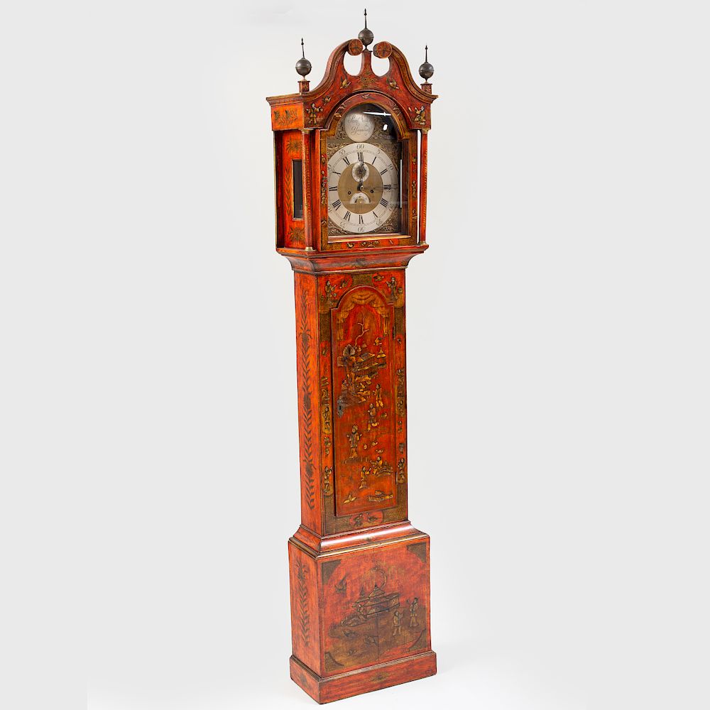 Appraisal: Queen Anne Scarlet Japanned Tall Case Clock The dial signed