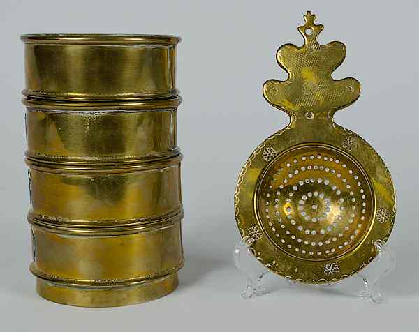 Appraisal: Brass Kitchen Items includes a brass tea strainer and a