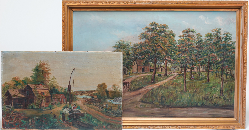 Appraisal: TWO NAIVE AMERICAN FARMSTEAD SCENES Early th century Oil on