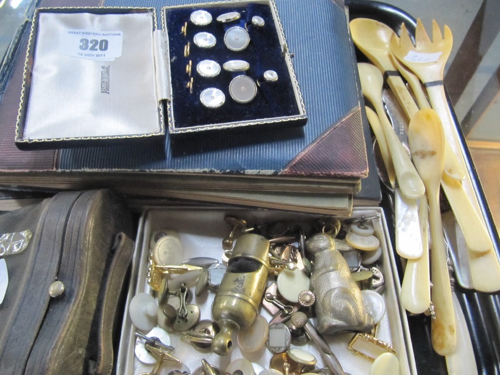 Appraisal: Tray lot of miscellania - studs bone cutlery opera glasses