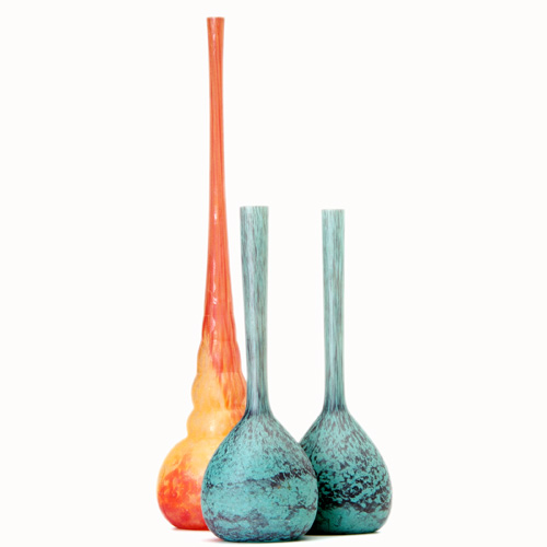 Appraisal: DAUM Three tall-neck vases one in red and orange the