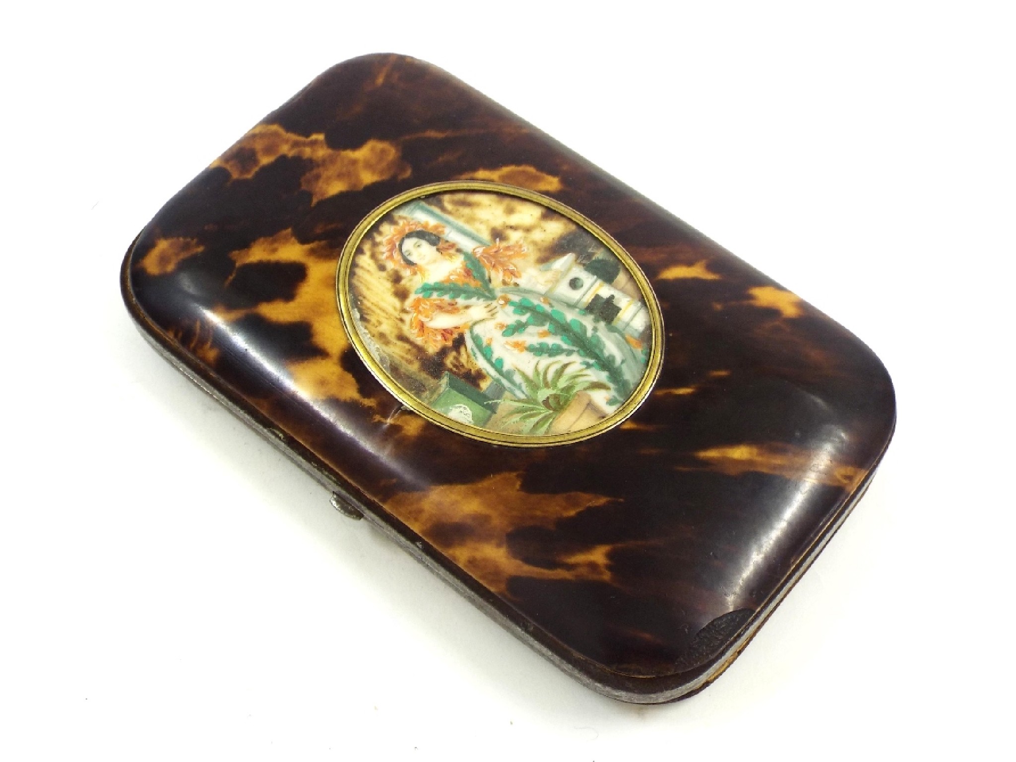 Appraisal: Victorian tortoiseshell purse fitted with an oval miniature of a