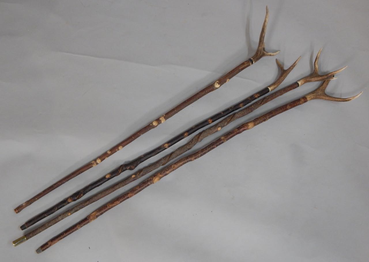 Appraisal: Four wooden walking sticks each with a shaped antler handle