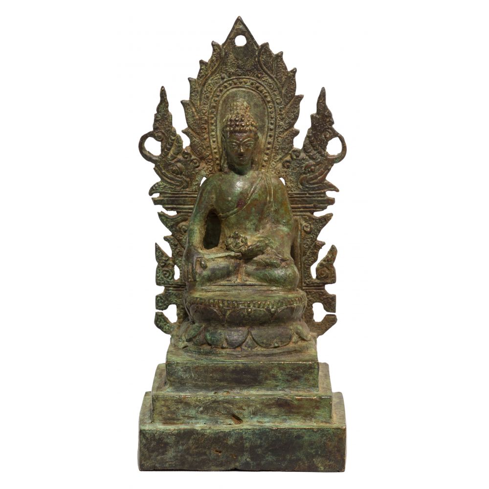 Appraisal: SOUTHEAST ASIAN PATINATED METAL BUDDHA FIGUREEnthroned and seated holding a