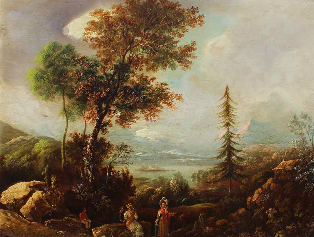 Appraisal: NINETEENTH CENTURY AMERICAN SCHOOL LANDSCAPE WITH FIGURES BY A LAKE