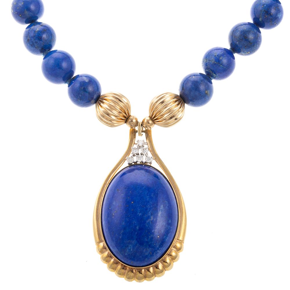 Appraisal: A Lapis Bead Necklace with Diamond Pendant in K K